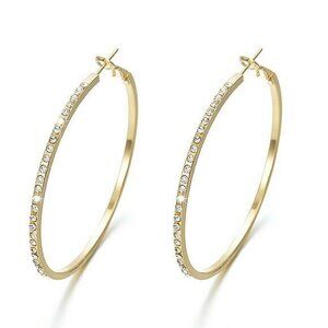 NEW Large Hoop Earrings Gold with Rhinestones 2" Across Big Showy Sexy